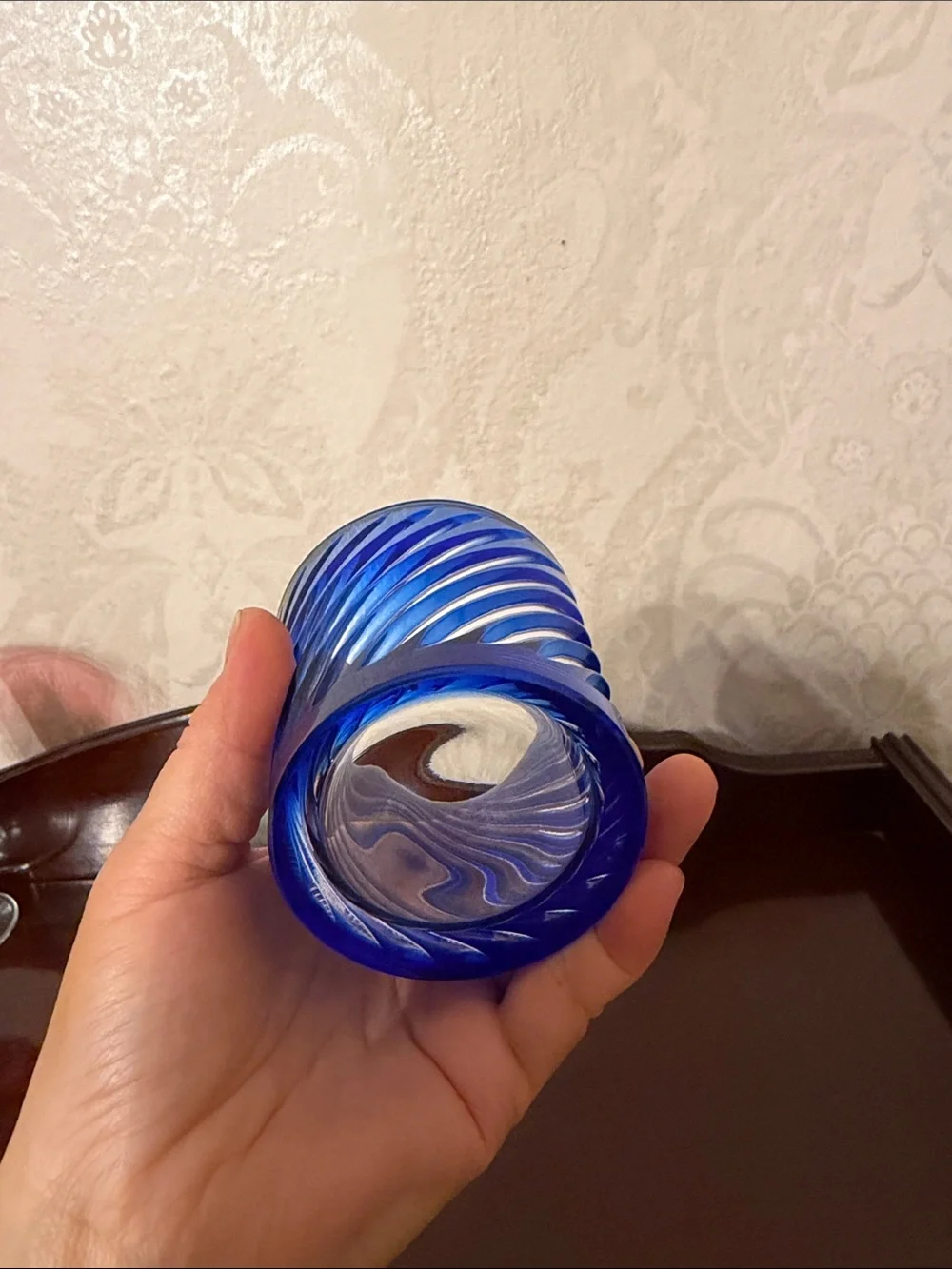 Cobalt Blue double old fashioned cut to clear Swirl glass